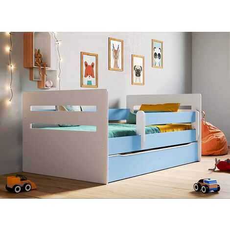 Lit enfant avec barrière de sécurité amovible blanc et bleu Moly-Matelas mousse-Couchage 80x160 cm