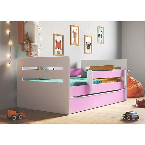 Lit enfant avec barrière de sécurité amovible blanc et rose Moly-Matelas mousse-80x160