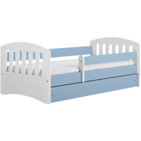 Lit enfant avec barrière de sécurité amovible bleu Klaky-Matelas mousse-Couchage 80x180 cm