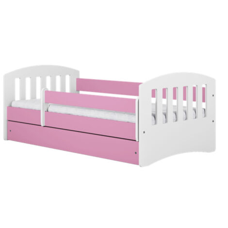 Lit enfant avec barrière de sécurité amovible rose Klaky-Matelas mousse-Couchage 80x180 cm-Tiroirs Avec tiroir