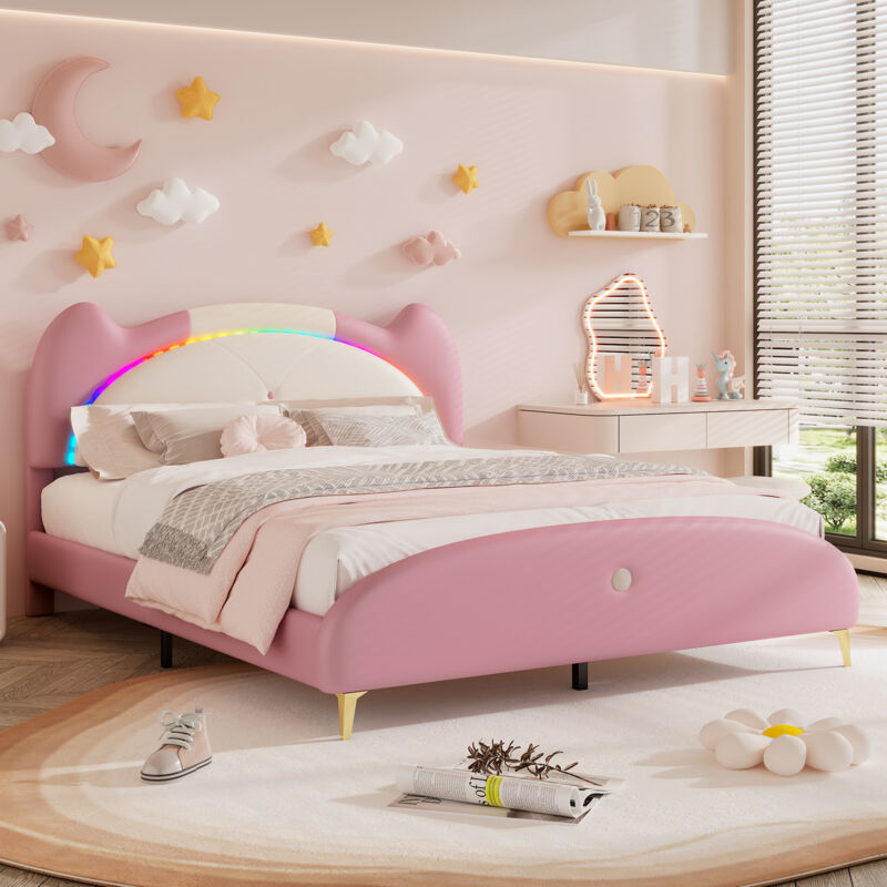 Lit enfant avec cadre en bois et tube de fer, bande led, cuir pu, lit double 140 x 200 cm, beige+rose