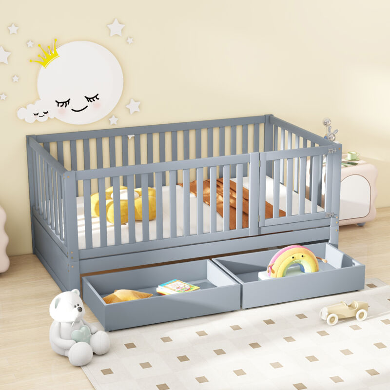 Okwish - Lit enfant 90x200 cm cadre de lit polyvalent transformable en deux lits séparés avec cloison pleine, en bois massif, gris, sans matelas