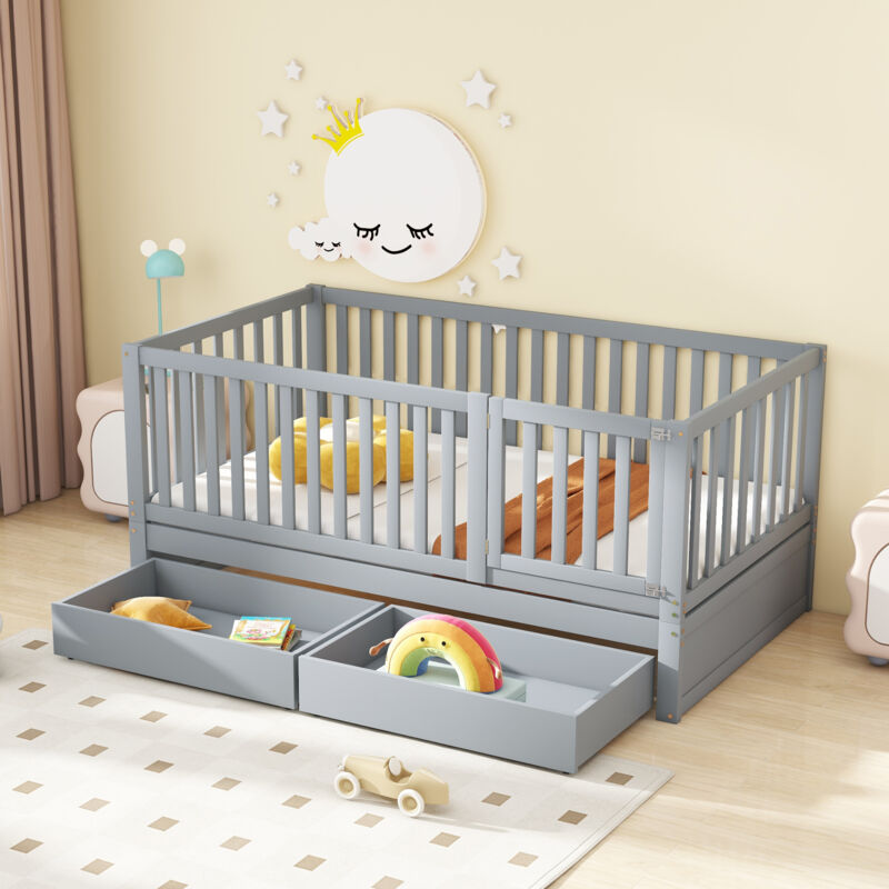 Redom - Lit enfant avec cloison pleine 90 x 200. Cadre de lit polyvalent transformable en deux lits séparés, gris (Anciens sku : LDT00028AAG)