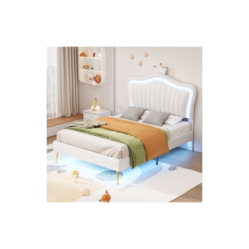 Modernluxe - Lit enfant 90x200cm en similicuir avec led + tête de lit réglable + sommier à lattes - Blanc