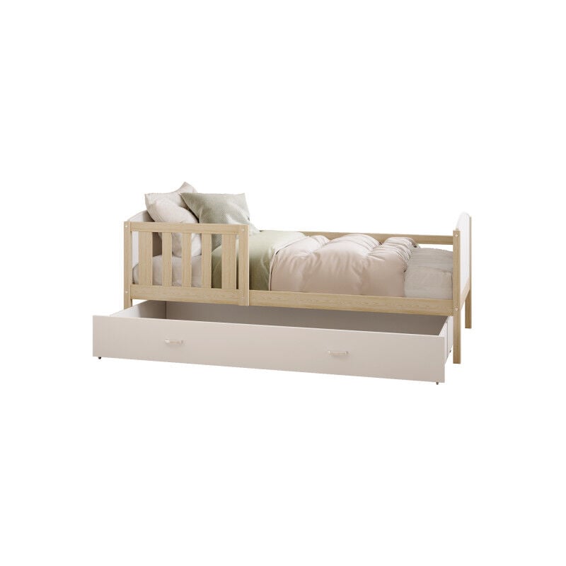 Kids Literie - Lit Enfant Tomy 90x190 Pin - blanc Livré avec sommiers, tiroir et matelas en mousse de 7cm