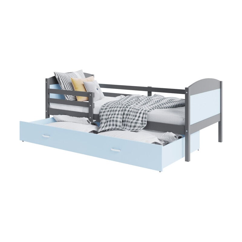 Kids Literie - Lit Enfant Mateo 90x190 Gris - bleu Livré avec sommiers, tiroir et matelas en mousse de 7cm