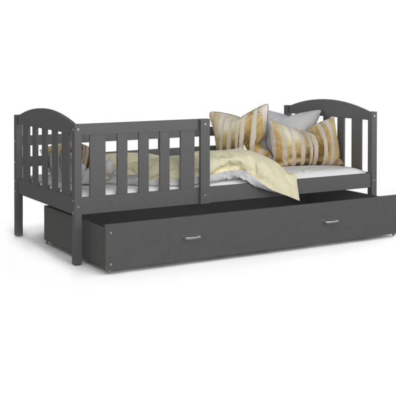 Kids Literie - Lit Enfant Teo 90x190 Gris - gris Livré avec sommiers, tiroir et matelas en mousse de 7cm