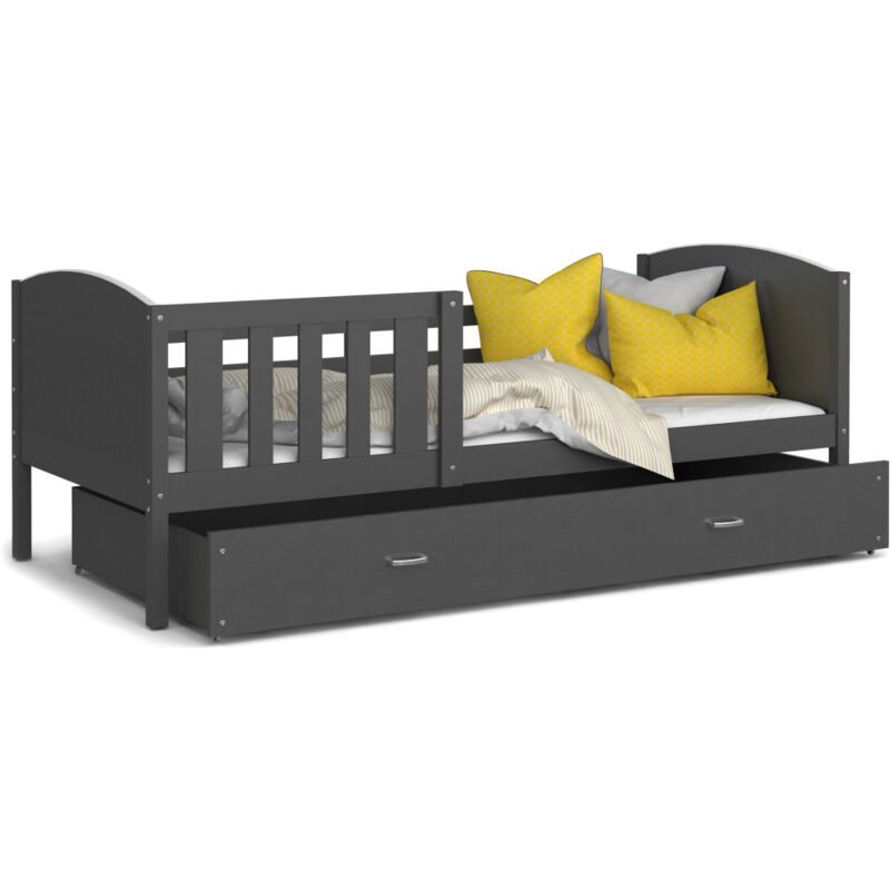 Kids Literie - Lit Enfant Tomy 90x190 Gris - gris Livré avec sommiers, tiroir et matelas en mousse de 7cm