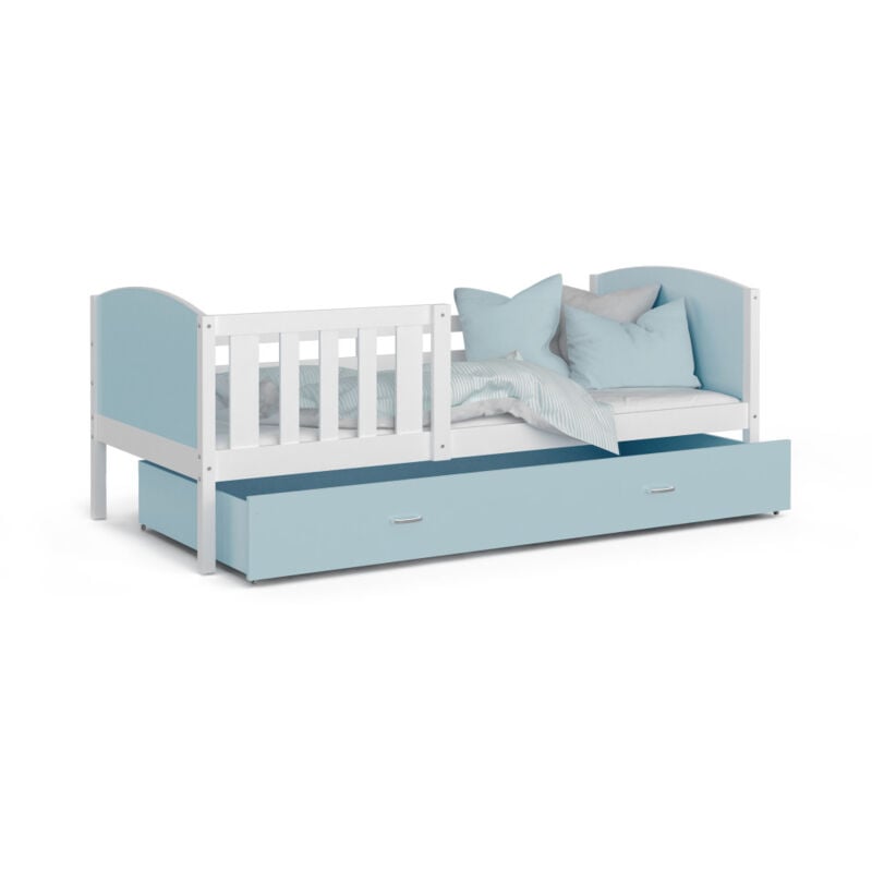 Kids Literie - Lit Enfant Tomy 90x190 Blanc - bleu Livré avec sommiers, tiroir et matelas en mousse de 7cm