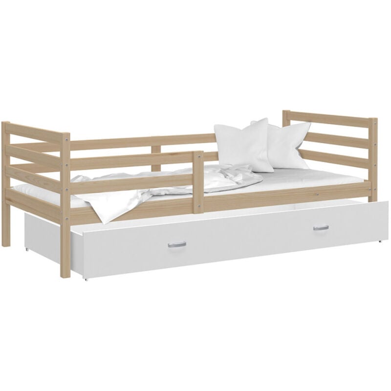 Kids Literie - Lit Enfant Milo 90x190 Pin - blanc Livré avec sommiers, tiroir et matelas en mousse de 7cm