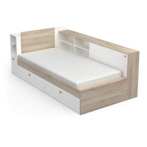 Lit enfant avec rangement 90x190/200 cm couleur chêne / blanc mat - Largeur 119,2 x Profondeur 229,4 x Hauteur 87,7 cm
