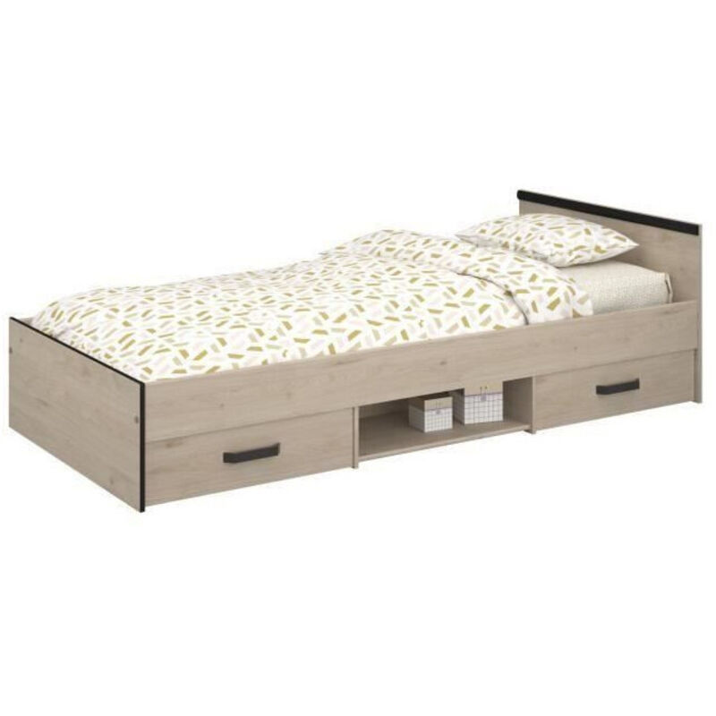 Les Tendances - Lit enfant parisot Zodiac - 90x200 cm - Panneaux de particules - Décor chene et noir - Rangement