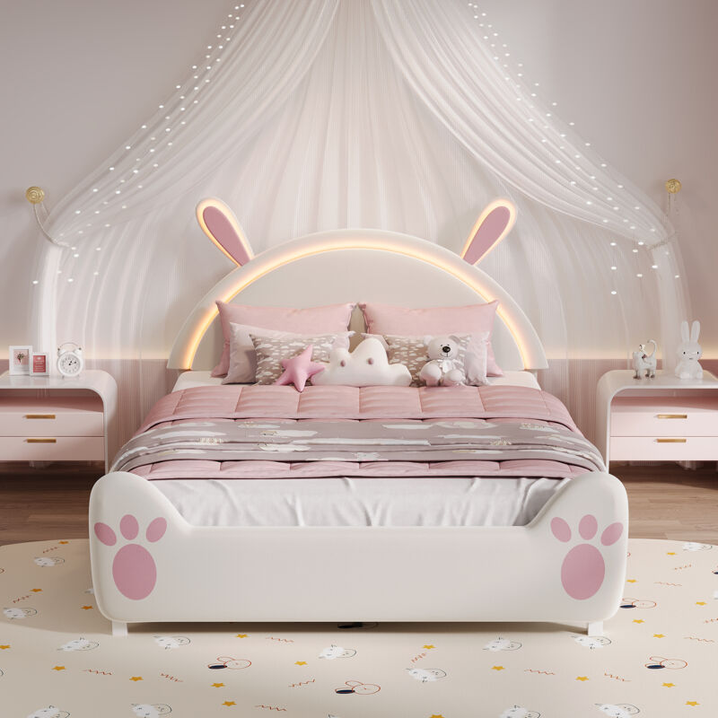 FOERPL-Lit Enfant 140x200 cm avec Tête de Lit en Forme de Lapin Lit 1 Place Rembourré avec LED Réglable, Lit 140x200 avec Sommier et Lampe Oreilles
