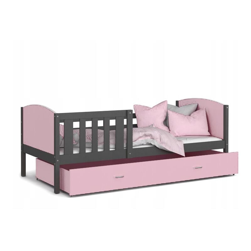 Kids Literie - Lit Enfant Tami 90x190 ( Sans Matelas ) Gris - rose Livré avec le sommiers et tiroir.
