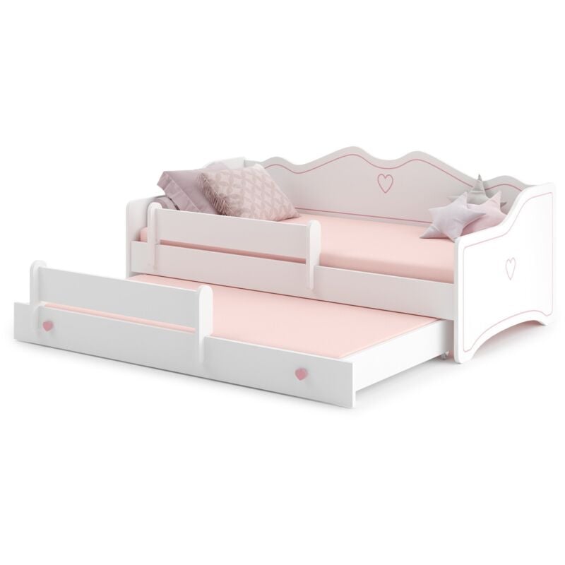 Lit enfant avec tiroir et barrière - 160x80 - avec matelas - rose blanc