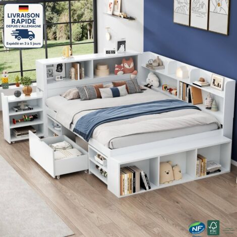 Lit enfant avec tiroirs 140x200 cm, nombreux rangements, en bois, sans matelas, lit simple,Bois Certifié PEFC -  blanc
