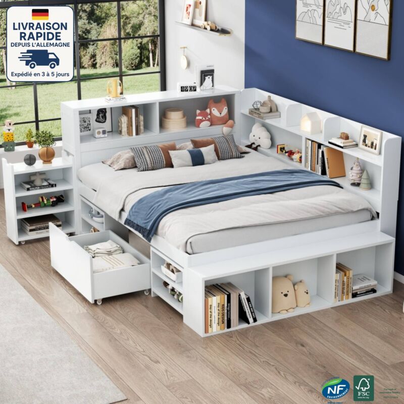 Modfu - Lit enfant avec tiroirs, nombreux rangements, en bois, sans matelas, lit simple, blanc, 140x200 cm