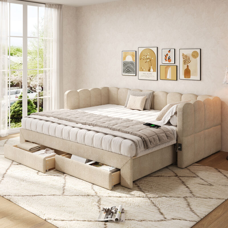 Lit enfant banquette lit gigogne 90x190 cm extensible 180 cm, lit capitonné 2 tiroirs, prises USB/Type-C, lin beige foncé