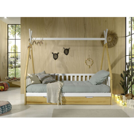 Lit Enfant, Barrière & Tiroir "Tipi" 90x200cm Blanc & Naturel
