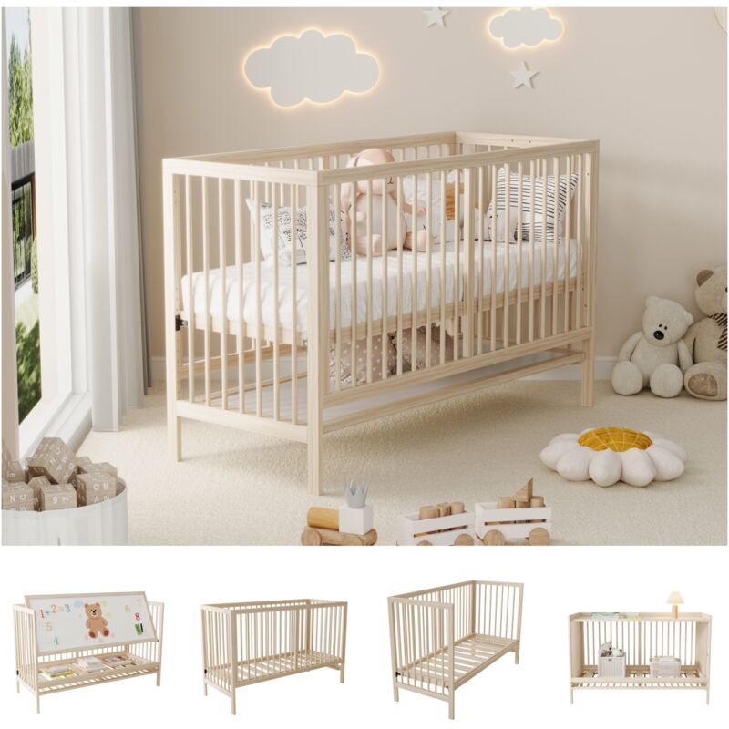Lit enfant bébé 140x60 cm, convertible cododo/chevalet/bureau, hauteur réglable, bois épicéa, sans matelas, naturel