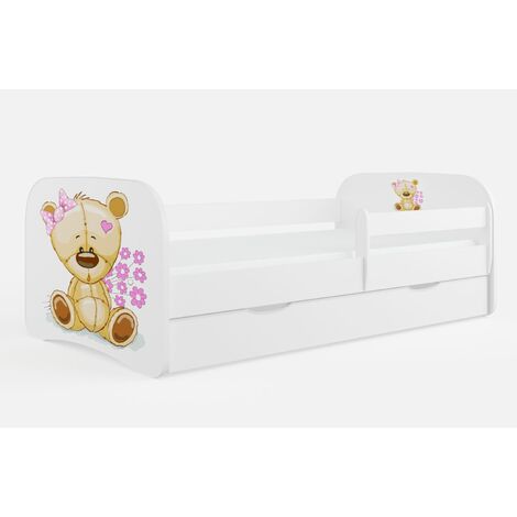 Lit enfant blanc ourson et fleurs avec sommiers et barrière de sécurité amovible Drimy-Matelas mousse-70x140-Tiroirs Avec tiroir