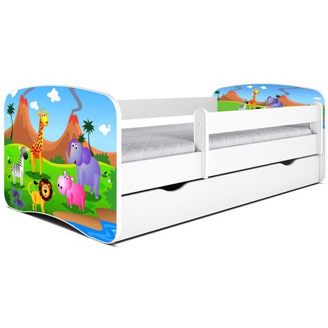 Lit enfant blanc Safari avec sommiers et barrière de sécurité amovible Drimy-70x140