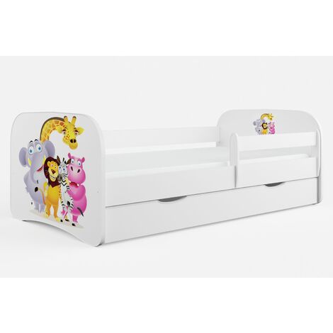 Lit enfant blanc Zoo avec sommiers et barrière de sécurité amovible Drimy-Matelas mousse-80x160-Tiroirs Avec tiroir