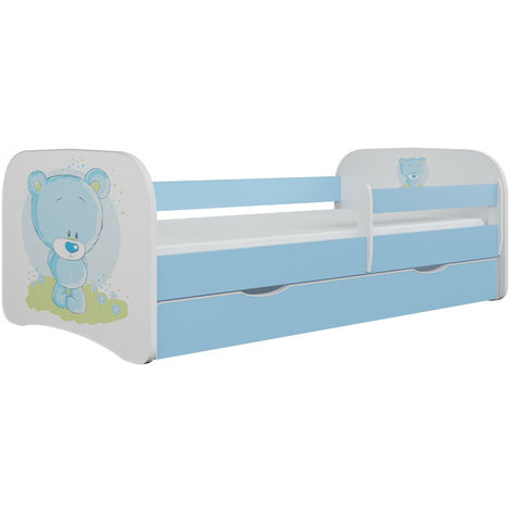 Lit enfant bleu nounours avec sommiers et barrière de sécurité amovible Drimy-80x160-Tiroirs Avec tiroir