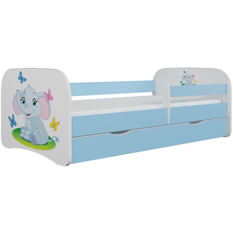 Lit enfant bleu petit éléphant avec sommiers et barrière de sécurité amovible Drimy-70x140