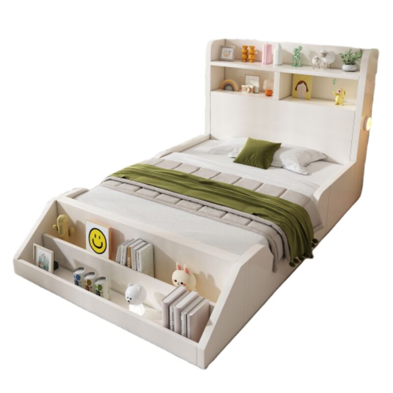 Lit enfant bois 90x200 cm Lit simple avec bibliothèque amovible et veilleuses LED ,étagères- rangements et sommier inclus - bois - Blanc