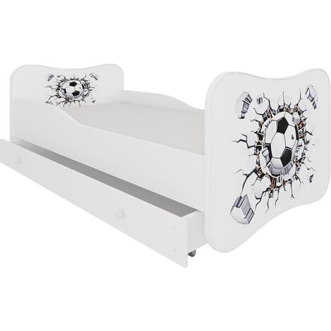 Lit enfant bois blanc à tiroirs avec imprimé ballon de football - Sommier et matelas inclus - Ondula-80x160
