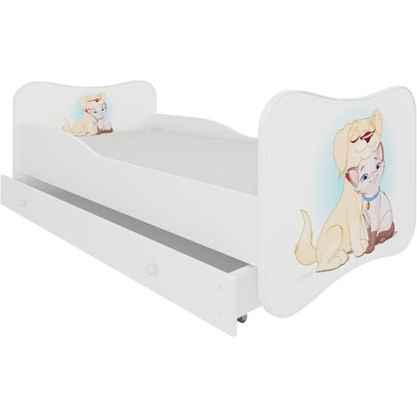 Lit enfant bois blanc à tiroirs avec imprimé chien et chat 70x140 ou 80x160 - Sommier et matelas inclus - Ondula-70x140