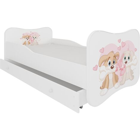 Lit enfant bois blanc à tiroirs avec imprimé chiens amoureux - Sommier et matelas inclus - Ondula-70x140