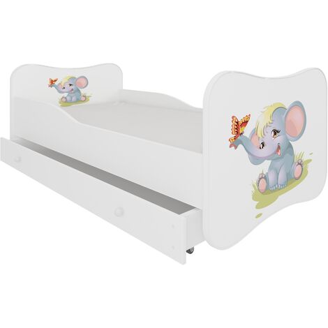 Lit enfant bois blanc à tiroirs avec imprimé éléphant 70x140 ou 80x160 - Sommier et matelas inclus - Ondula-80x160
