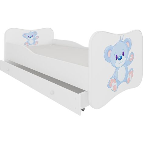 Lit enfant bois blanc à tiroirs avec imprimé ourson bleu 70x140 ou 80x160 - Sommier et matelas inclus - Ondula-70x140