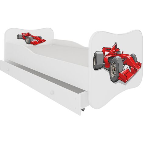 Lit enfant bois blanc à tiroirs avec imprimé voiture de course rouge - Sommier et matelas inclus - Ondula-80x160