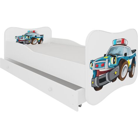 Lit enfant bois blanc à tiroirs avec imprimé voiture de police - Sommier et matelas inclus - Ondula-70x140