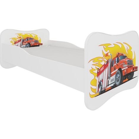 Lit enfant bois blanc imprimé camion de pompier 70x140 ou 80x160 - Sommier et matelas inclus - Ondula-80x160