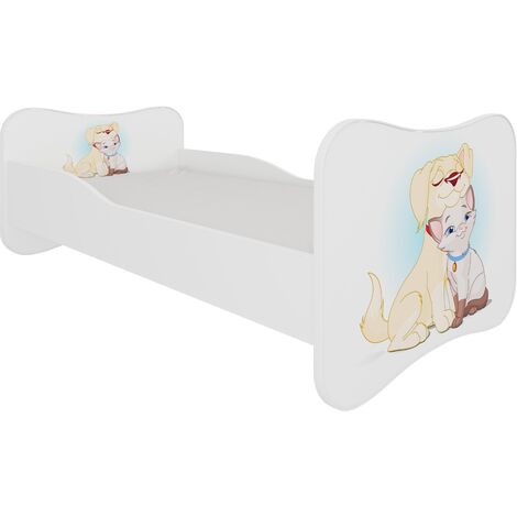 Lit enfant bois blanc imprimé chien et chat 70x140 ou 80x160 - Sommier et matelas inclus - Ondula-70x140