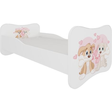 Lit enfant bois blanc imprimé chiens amoureux 70x140 ou 80x160 - Sommier et matelas inclus - Ondula-70x140