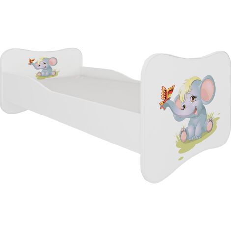 Lit enfant bois blanc imprimé éléphant 70x140 ou 80x160 - Sommier et matelas inclus - Ondula-80x160