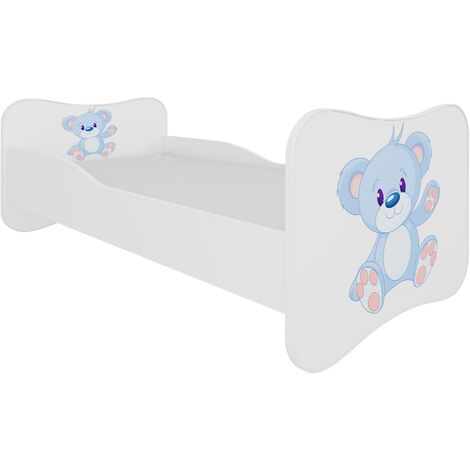 Lit enfant bois blanc imprimé ourson bleu 70x140 ou 80x160 - Sommier et matelas inclus - Ondula-80x160