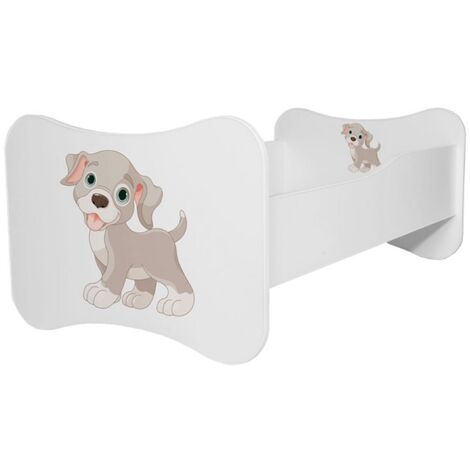 Lit enfant bois blanc imprimé petit chien 70x140 ou 80x160 - Sommier et matelas inclus - Ondula-80x160