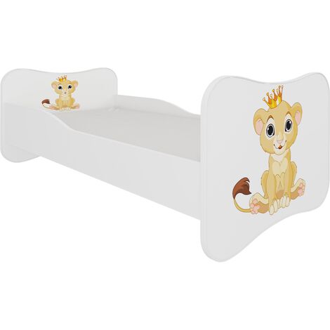 Lit enfant bois blanc imprimé petit roi lion 70x140 ou 80x160 - Sommier et matelas inclus - Ondula-80x160