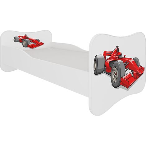 Lit enfant bois blanc imprimé voiture de course rouge 70x140 ou 80x160 - Sommier et matelas inclus - Ondula-70x140