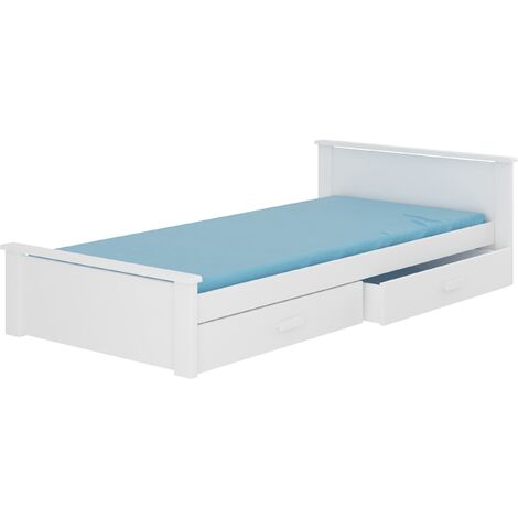 Lit enfant bois pin blanc 90x200 avec 2 tiroirs de rangement Lydia
