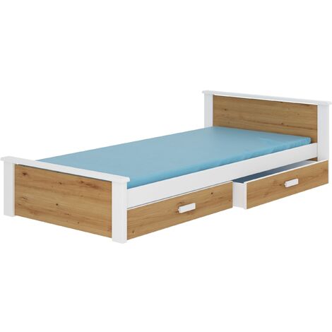 Lit enfant bois pin blanc et bois artisan 90x200 avec 2 tiroirs de rangement Lydia