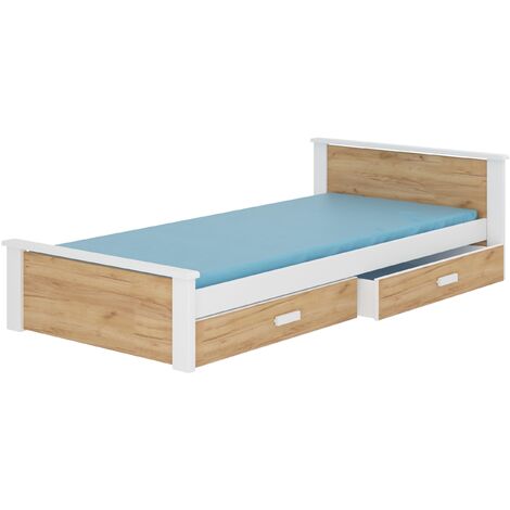 Lit enfant bois pin blanc et bois oak 90x200 avec 2 tiroirs de rangement Lydia