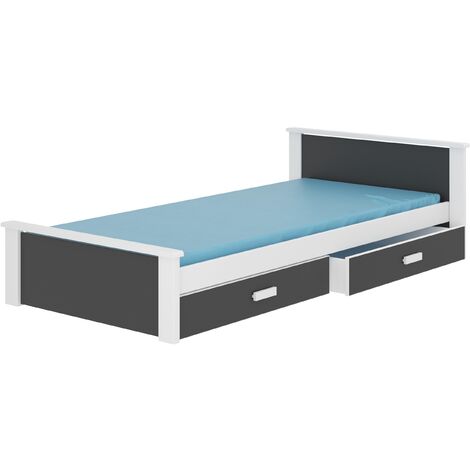 Lit enfant bois pin blanc et gris graphite 90x200 avec 2 tiroirs de rangement Lydia