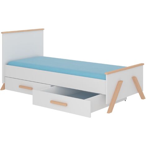 Lit enfant bois pin naturel et blanc 90x200 avec 2 tiroirs de rangement Kandou